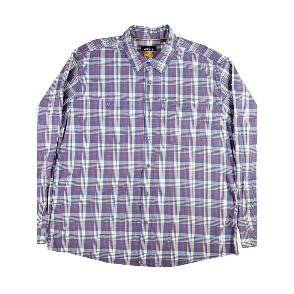 Orvis‎ Mens XL Blue Red Plaid Active Fit Long Sleeve Stretch Button Down Shirt